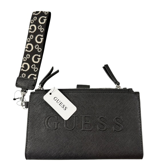 Guess Handbags - Guess Sandria SLG Black Saffiano Logo Wristlet Wallet F9375157 New